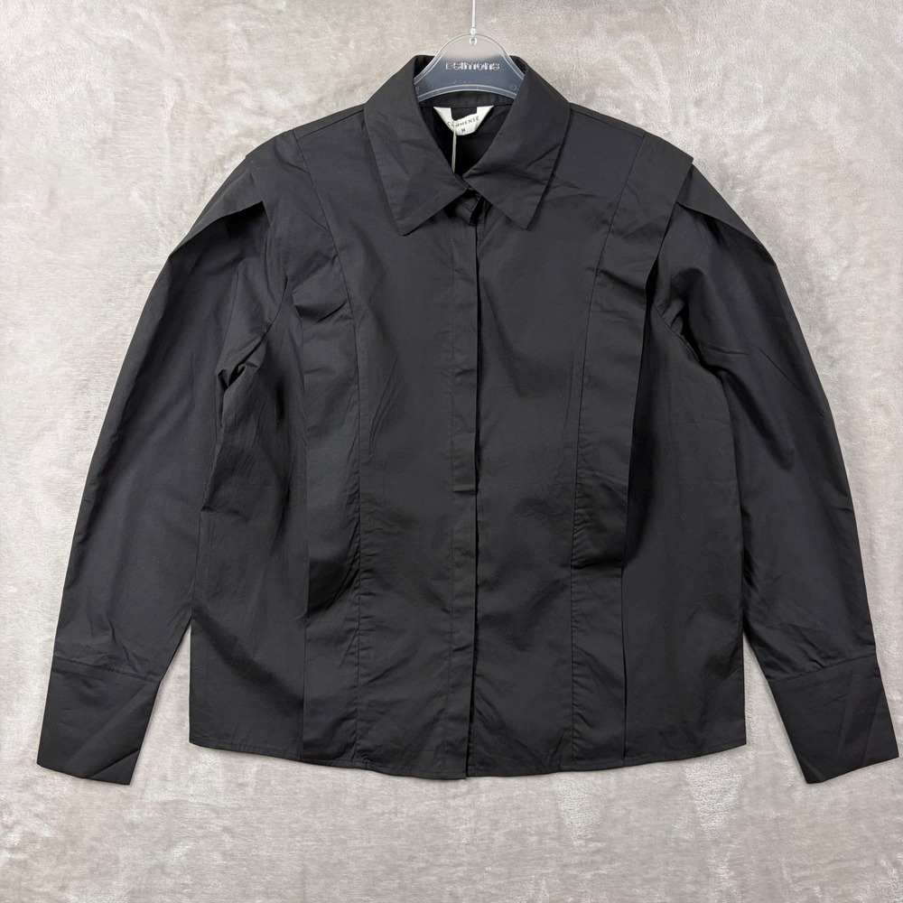 Commense Black Structured Shoulder Overlay Button Up Shirt Womens M Avant Garde